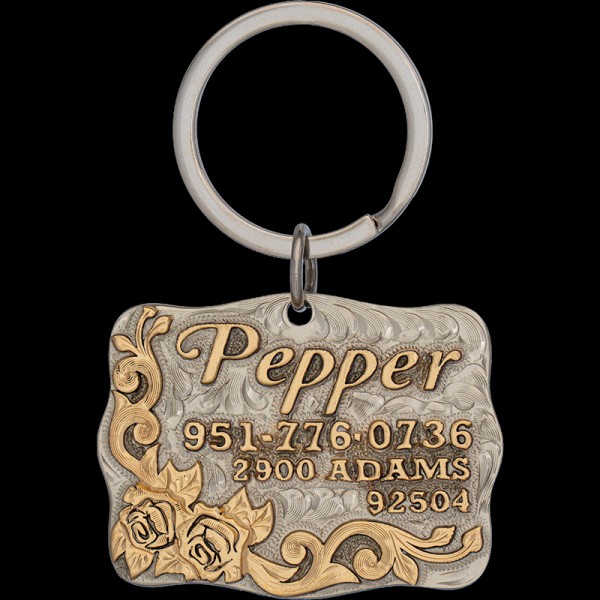 Pepper, German Silver Base 2" x 1.5" with Jewelers Bronze Letters, Scrollwork, and Hand Engraved Roses.

 